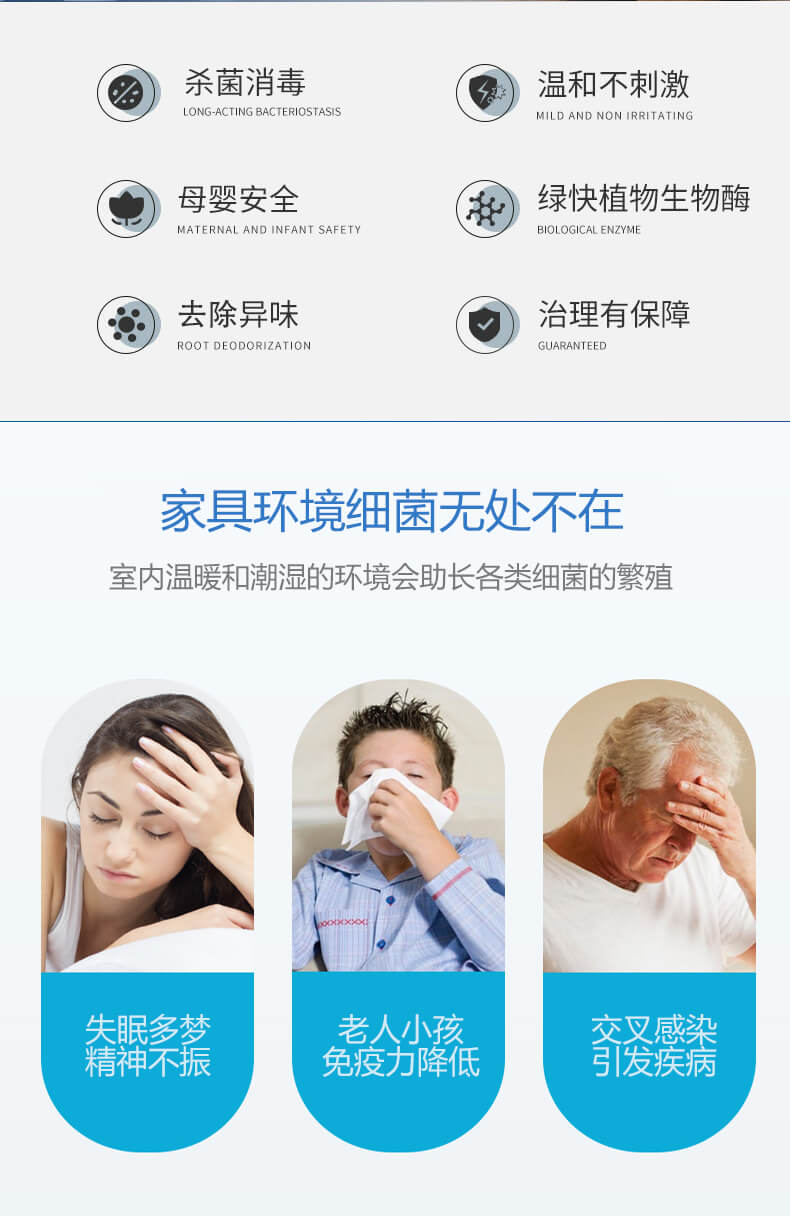 殺菌消毒，溫和不刺激，母嬰安全，綠快植物生物酶，祛除異味，治理有保障，家具環(huán)境細(xì)菌無處不在，室內(nèi)溫暖和潮濕的環(huán)境會(huì)助長各類細(xì)菌的繁殖，失眠多夢，精神不振，老人小孩免疫力降低，交叉感染，引發(fā)疾病