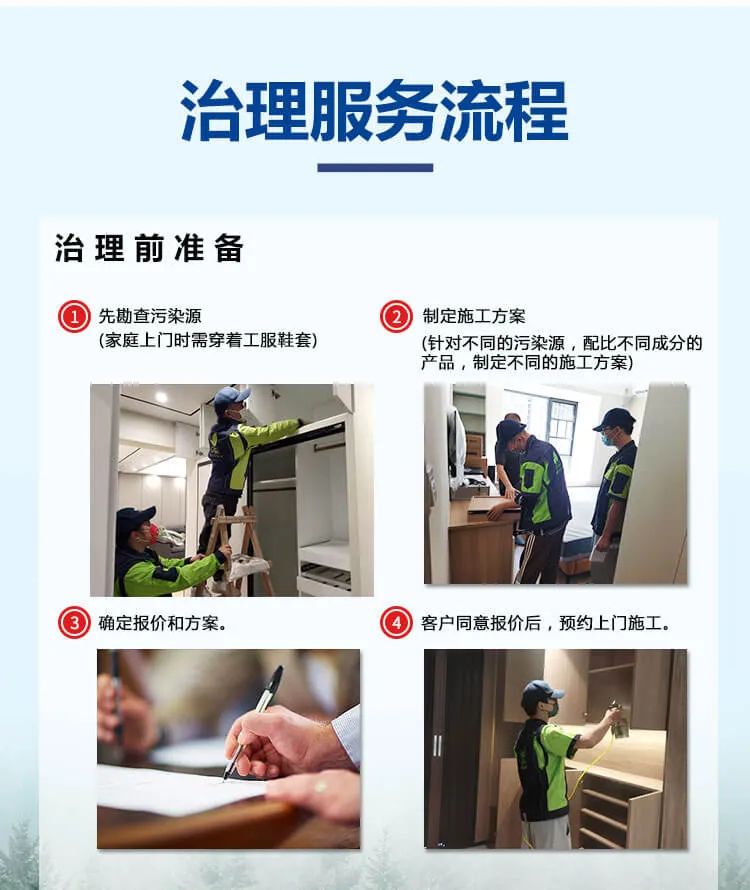 治理服務流程,治理前準備,先勘查污染源 (家庭上門時需穿著工服鞋套),制定施工方案,確定報價和方案,客戶同意報價后，預約上門施工